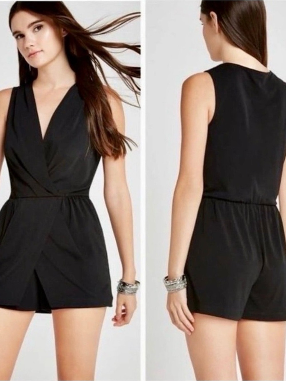 BCBGeneration Black Sleeveless Faux-Wrap Romper
